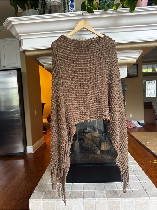 None Tops - Brown Boucle Knit Poncho Gold Thread Fringe Minimalist Art to Wear Lagenlook